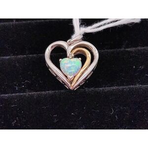 .925 Sterling Silver & 14K Gold Heart Pendant w/ Lab Fire Heart Shaped Opal